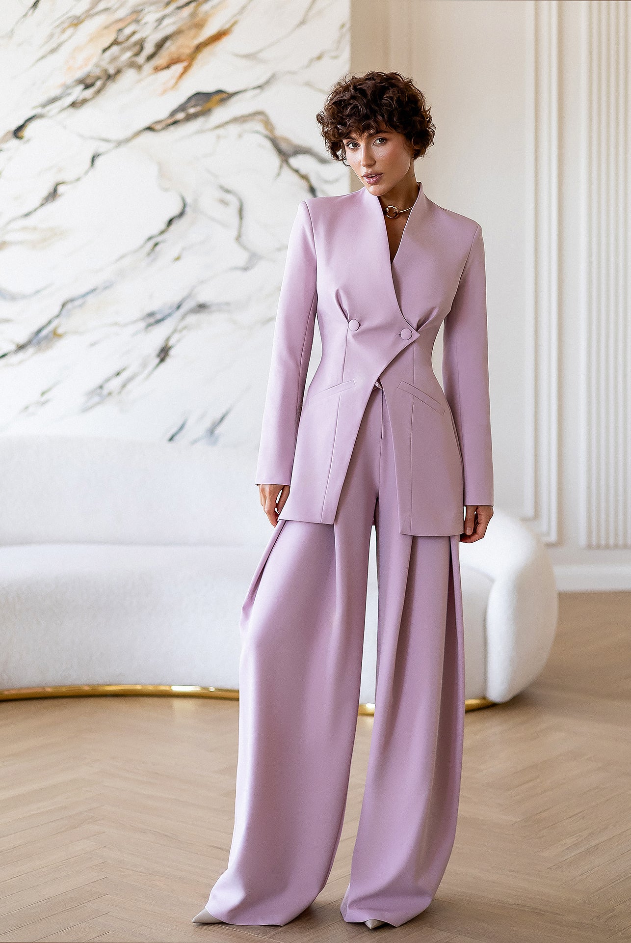 ELAGIA Avra dusty-pink asymmetric double-breasted longline blazer suit 2-piece front view - 3 piece women's suit