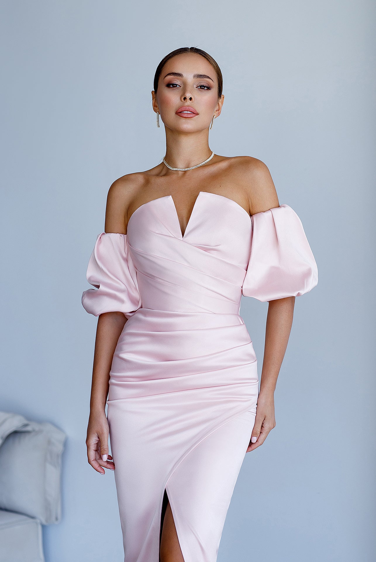 ELAGIA dusty pink satin puff-sleeve midi dress fabric detail - luxurious 3 piece women's suit inspired texture