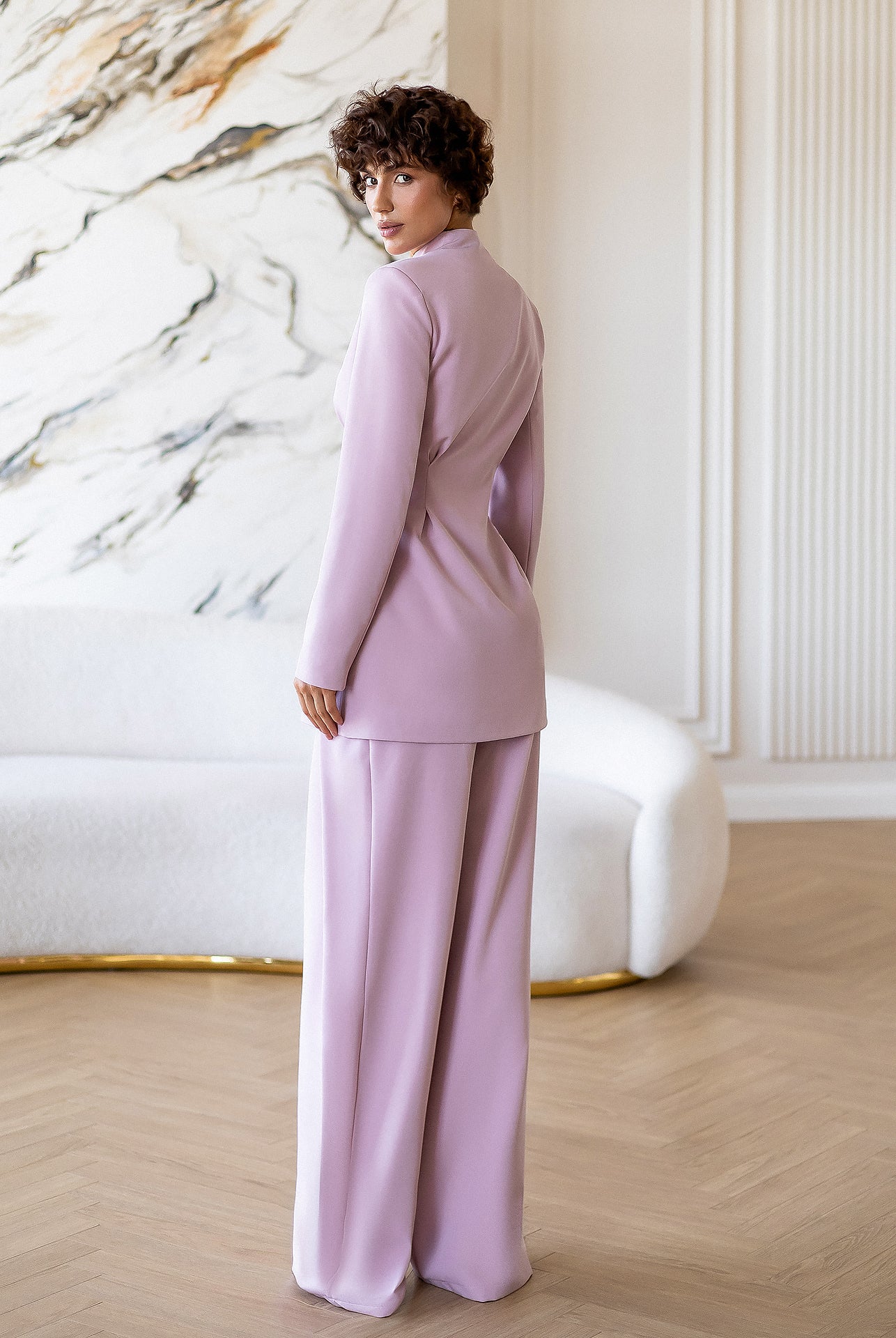 ELAGIA Avra dusty-pink asymmetric double-breasted longline blazer suit 2-piece front view - 3 piece women's suit