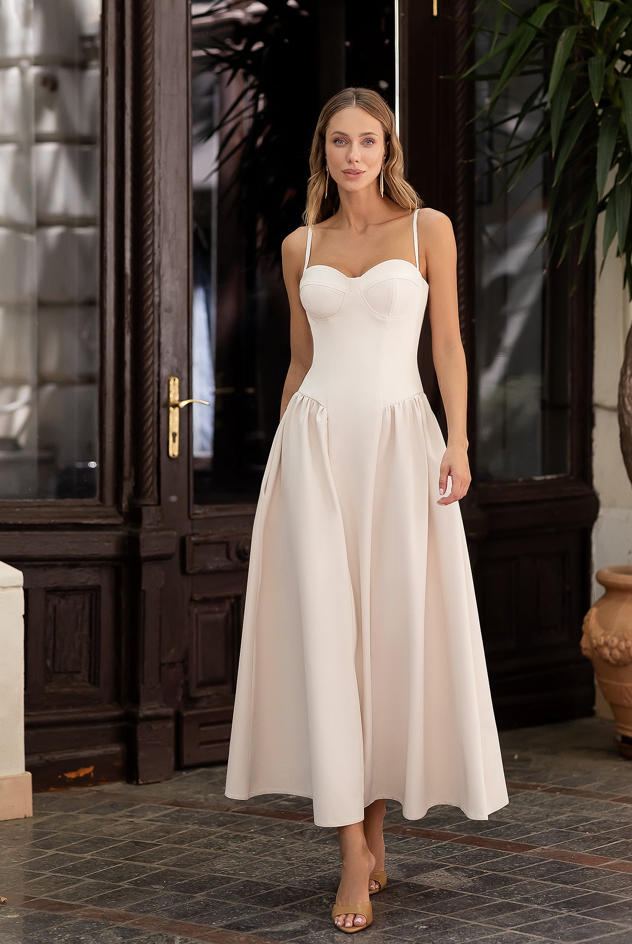 Monica Beige Strappy Sweetheart Neckline Midi Dress - front view | ELAGIA