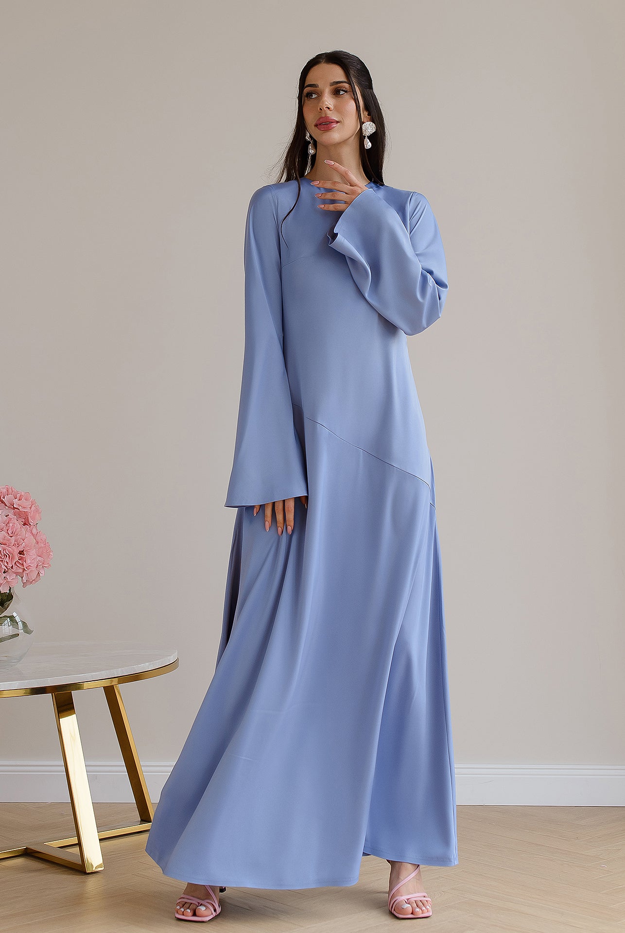 Blue Satin Backless Maxi Dress - view 6 | ELAGIA