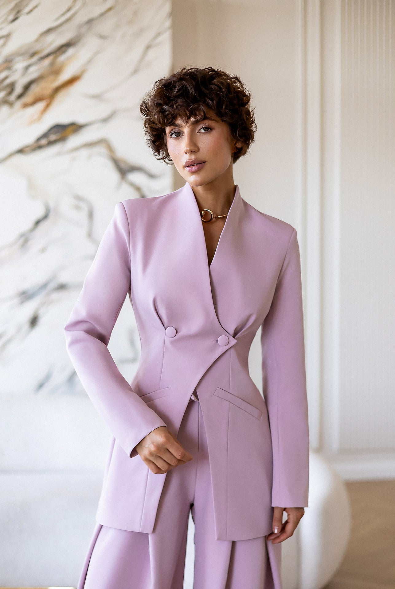 ELAGIA Avra dusty-pink asymmetric double-breasted longline blazer suit 2-piece front view - 3 piece women's suit