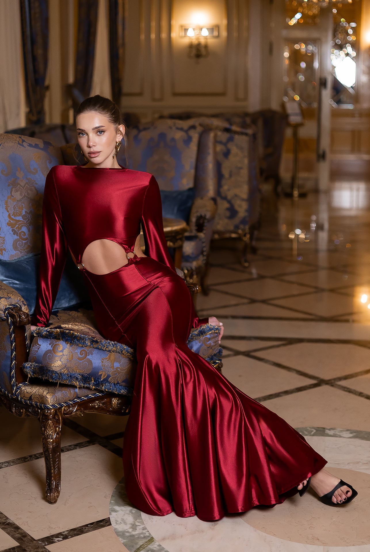 Stella Bordeaux Long-Sleeve Cut-Out Maxi Dress - view 10 | ELAGIA