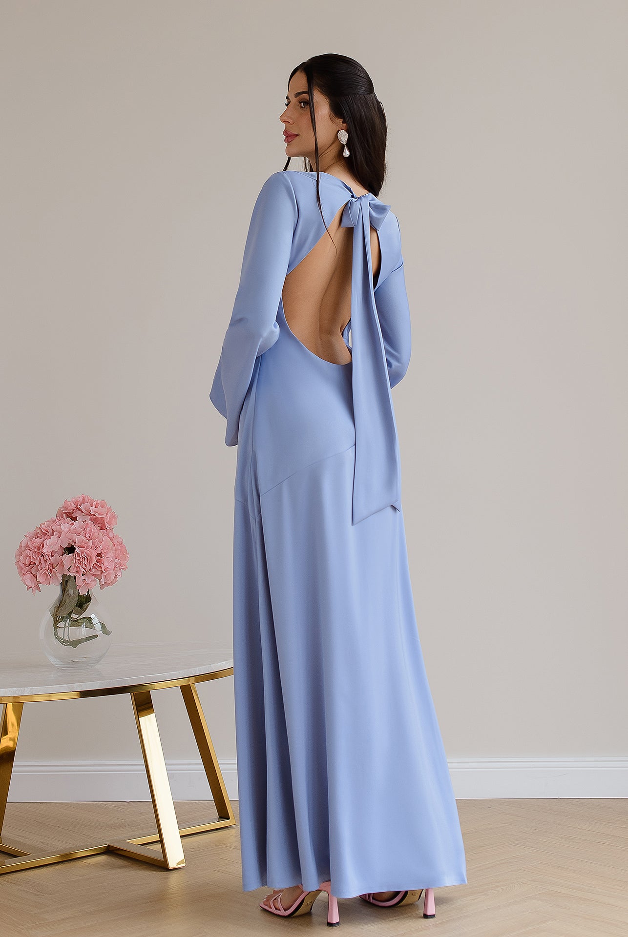 Blue Satin Backless Maxi Dress - view 7 | ELAGIA