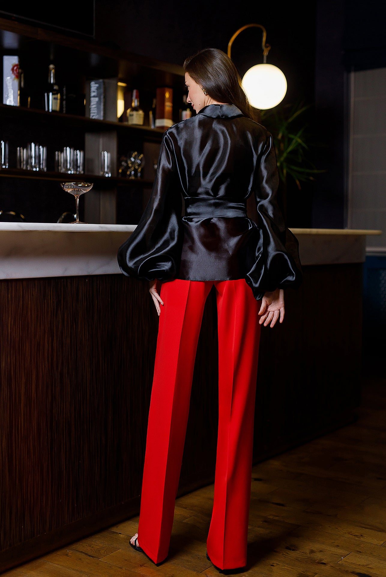 Black Shawl Collar Puff-Sleeve Belted Tunic Blouse - view 11 | ELAGIA