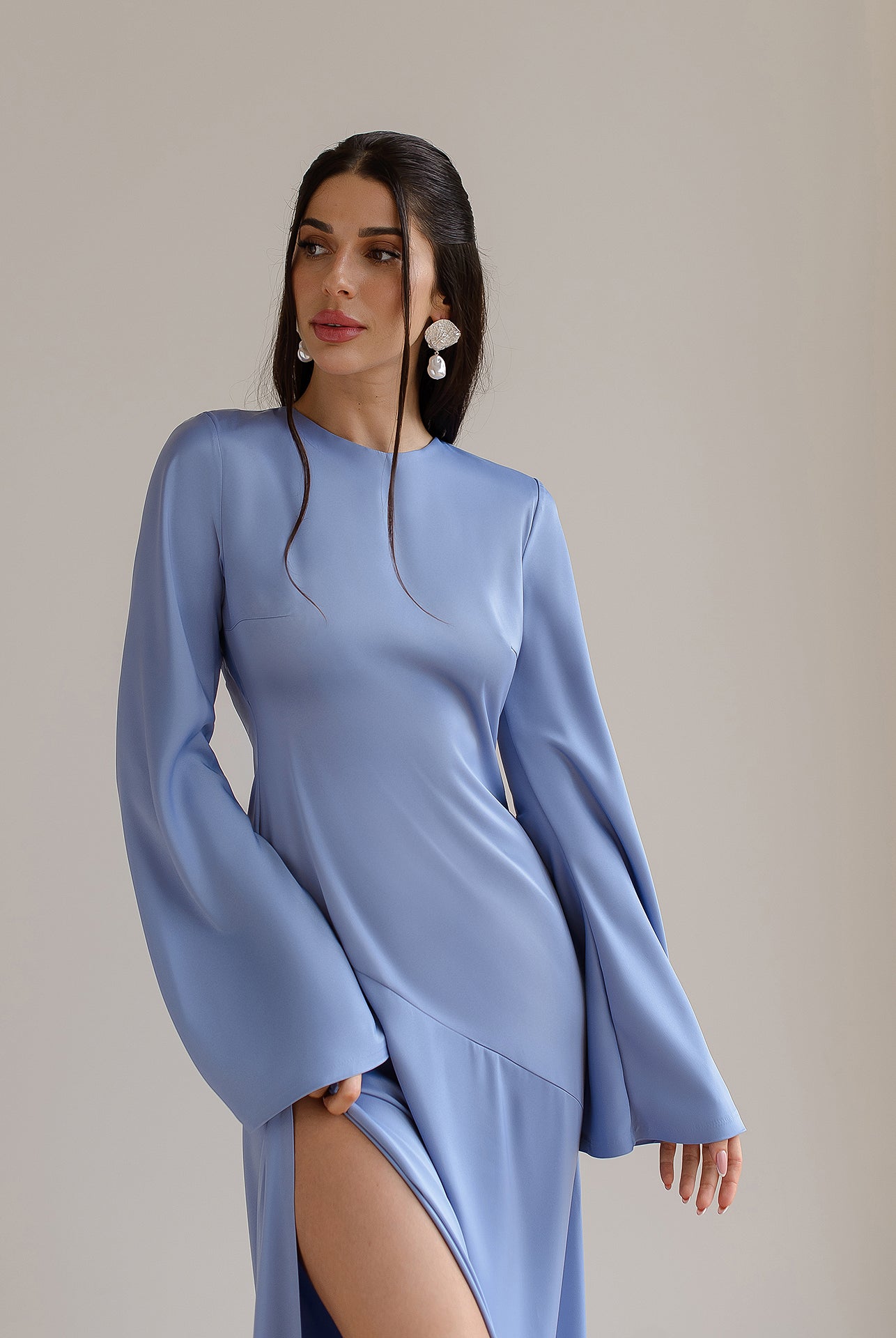 Blue Satin Backless Maxi Dress - view 9 | ELAGIA
