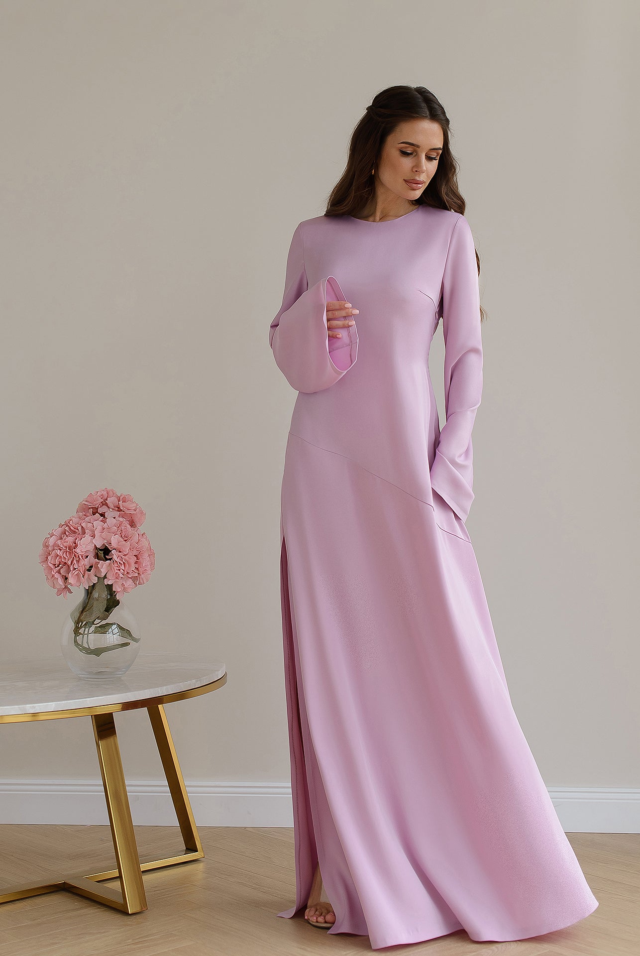 Dusty Pink Satin Backless Maxi Dress - close-up detail | ELAGIA