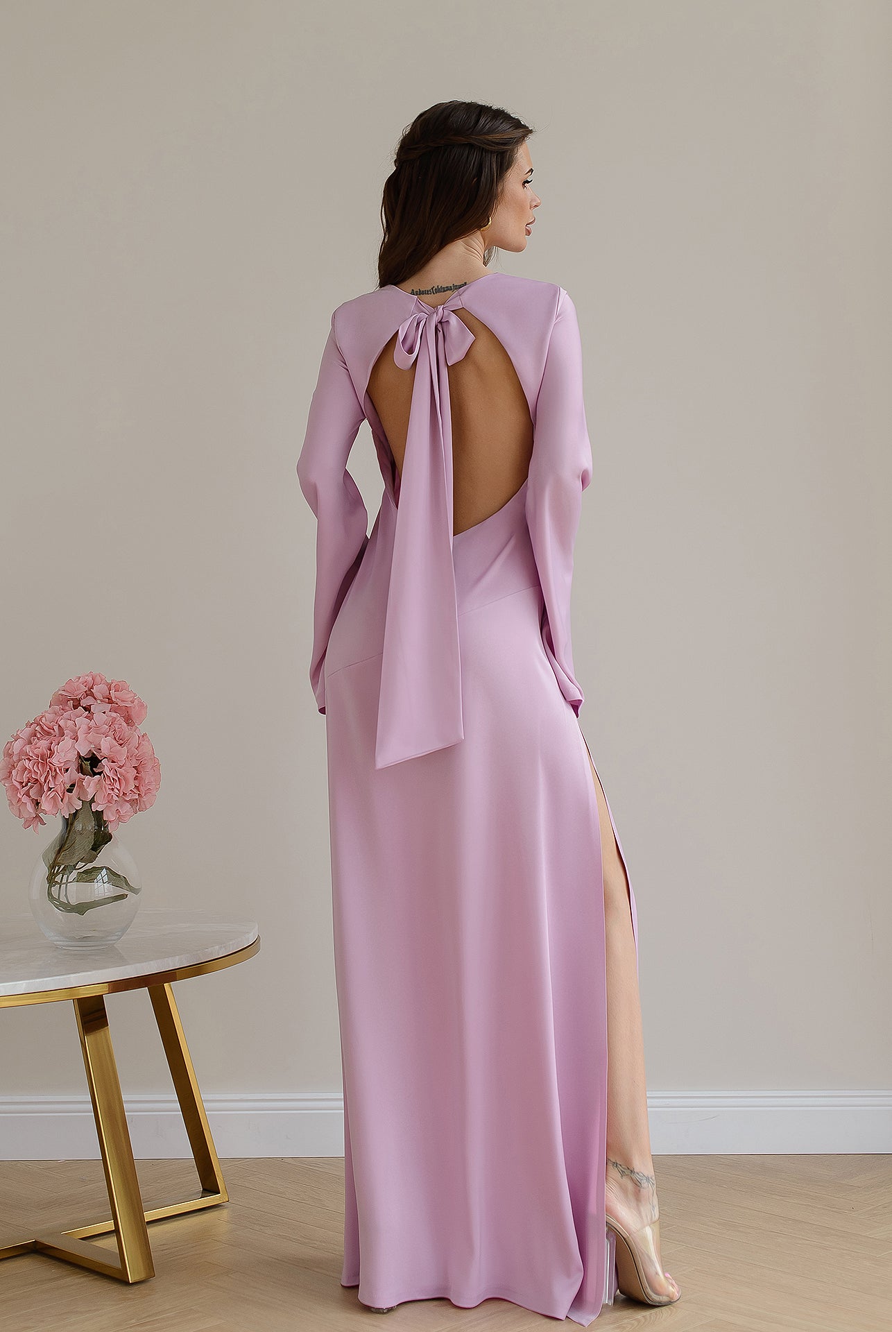 Dusty Pink Satin Backless Maxi Dress - styled look | ELAGIA