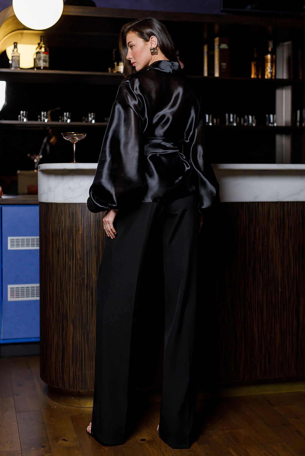 Black Shawl Collar Puff-Sleeve Belted Tunic Blouse - view 8 | ELAGIA