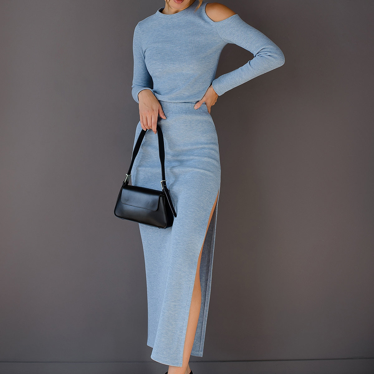 blue cut out long sleeve dress Twist Front Cutout Long Sleeve Dress Bellesima