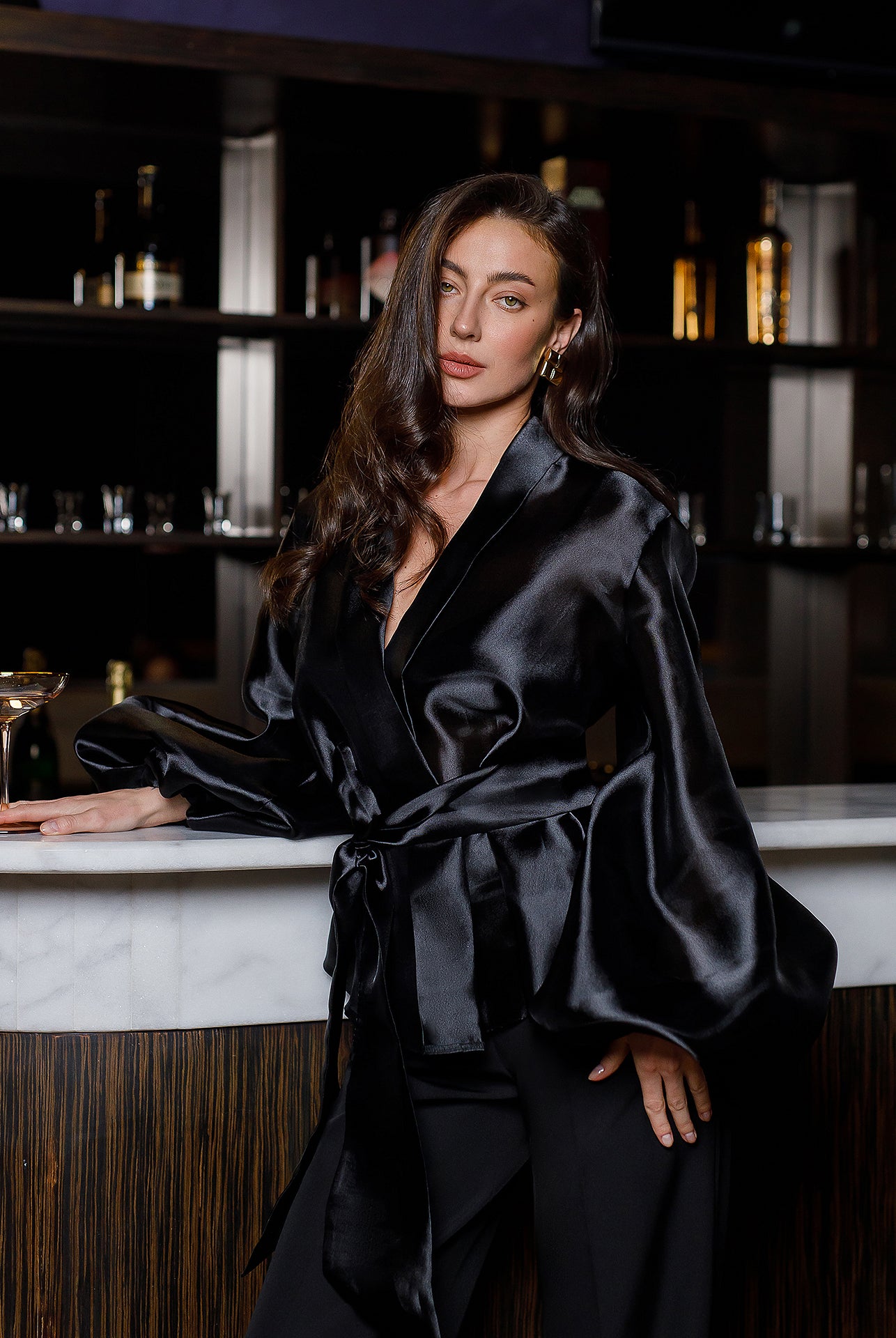 Black Shawl Collar Puff-Sleeve Belted Tunic Blouse - view 7 | ELAGIA