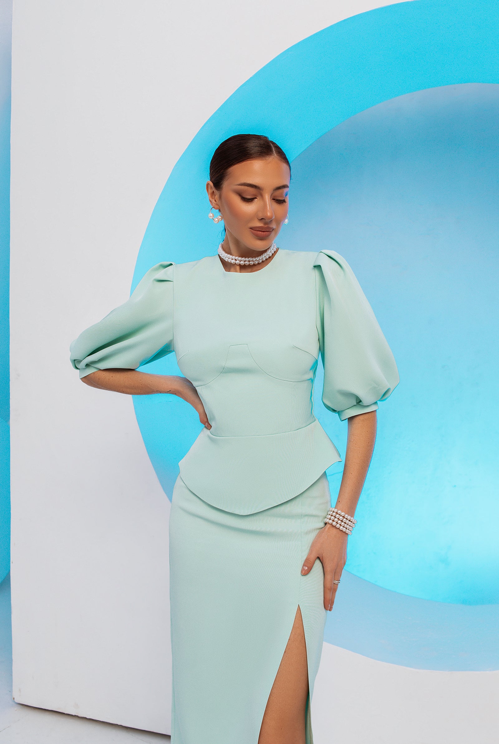 Tiffany-Blue Puff-Sleeve Top & Midi Skirt 2-Piece Set - styled look | ELAGIA