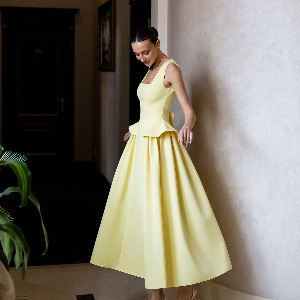 mustard yellow peplum dress Yellow Square-Neck Sleeveless Peplum Midi Dress – ELAGIA