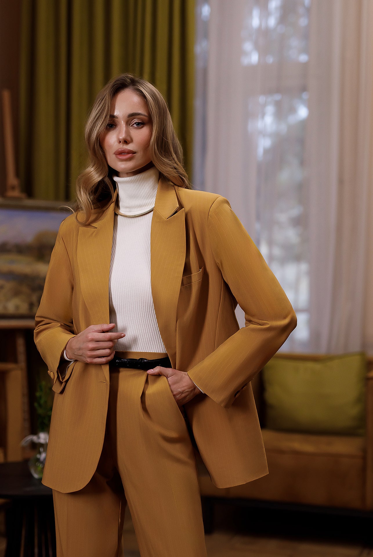 Gloria Mustard Striped Single-Breasted Suit 2-Piece - view 8 | ELAGIA
