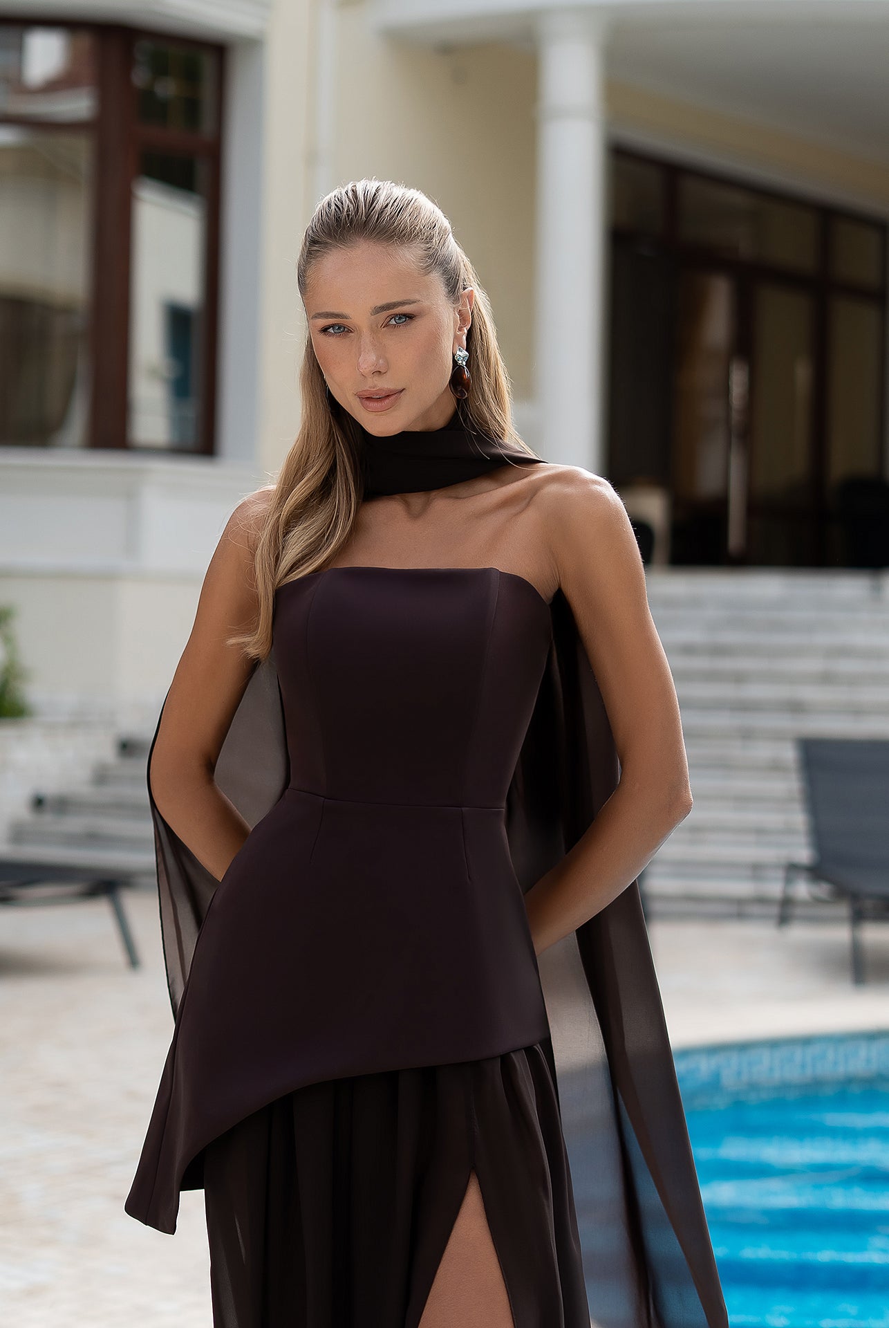 Brown Strapless Back Scarf Overskirt Maxi Dress - view 14 | ELAGIA