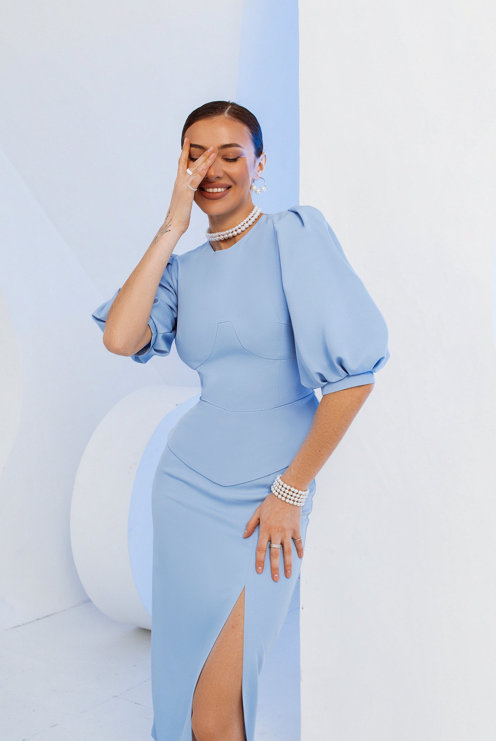 Sky-Blue Puff-Sleeve Top & Midi Skirt 2-Piece Set - view 6 | ELAGIA