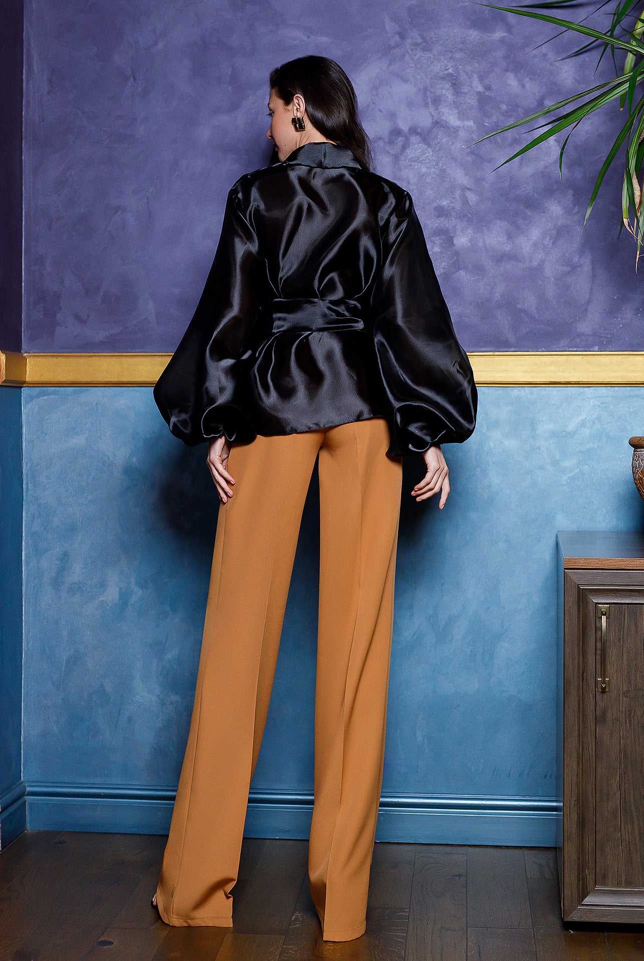 Black Shawl Collar Puff-Sleeve Belted Tunic Blouse - styled look | ELAGIA