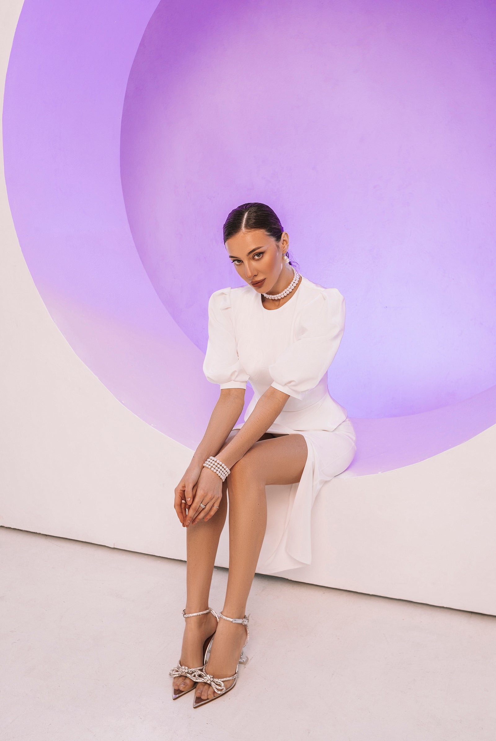 White Puff-Sleeve Top & Midi Skirt 2-Piece Set - close-up detail | ELAGIA
