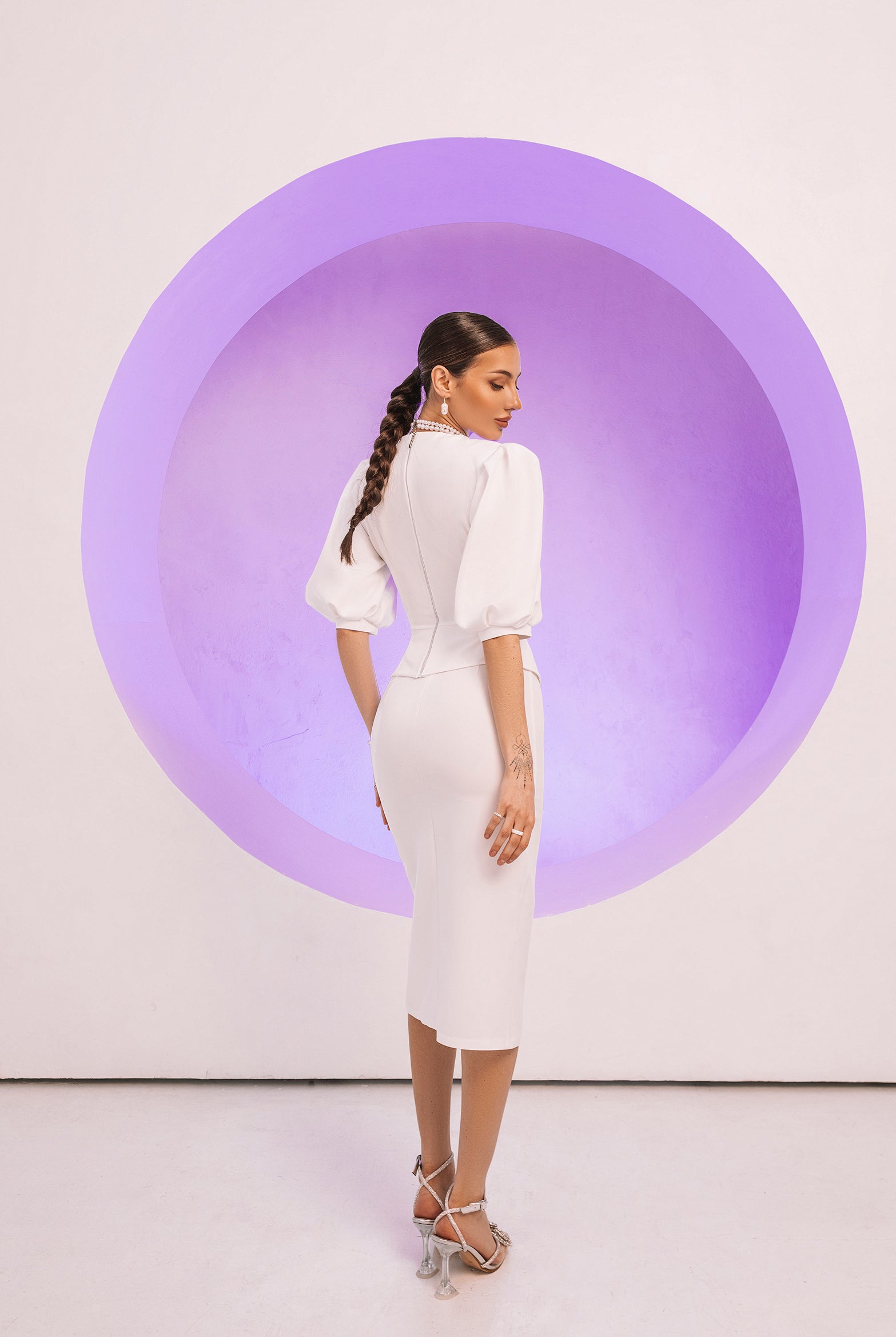 White Puff-Sleeve Top & Midi Skirt 2-Piece Set - side view | ELAGIA