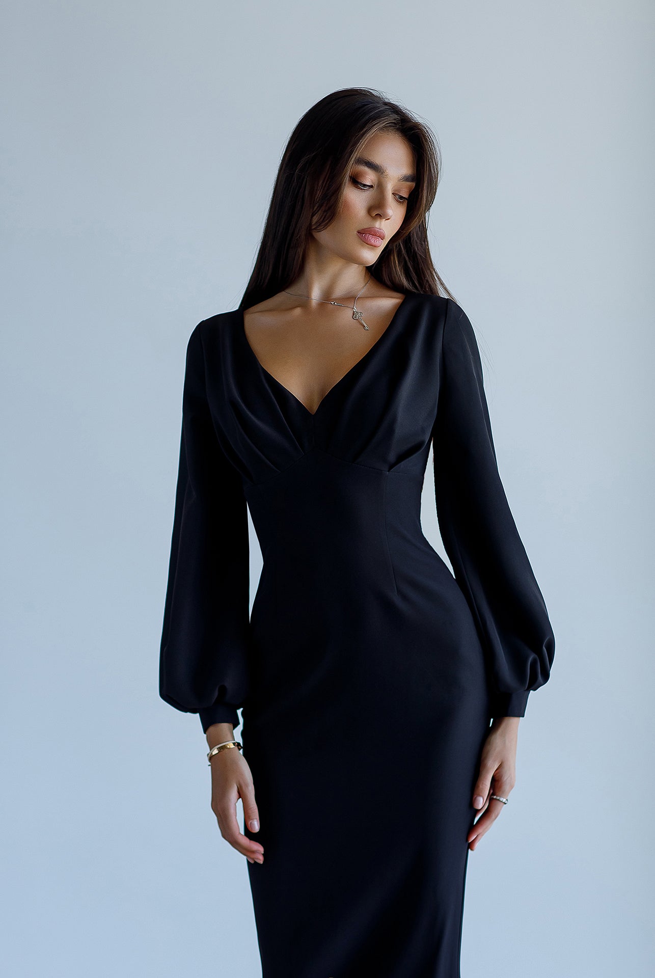 Black V-Neck Puff-Sleeve Midi Dress - back view | ELAGIA