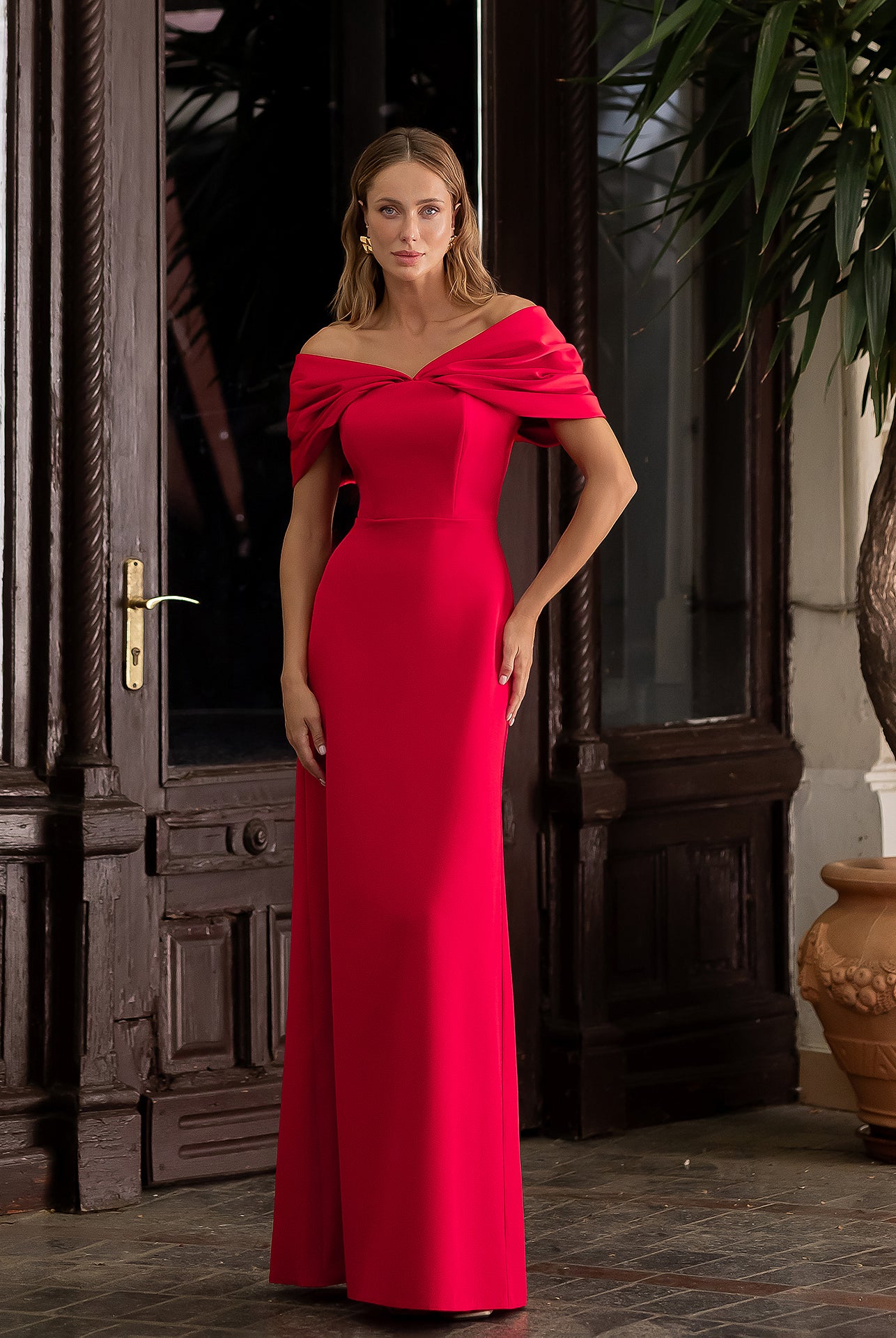 Léa Red Off-the-Shoulder Draped Maxi Dress - view 9 | ELAGIA