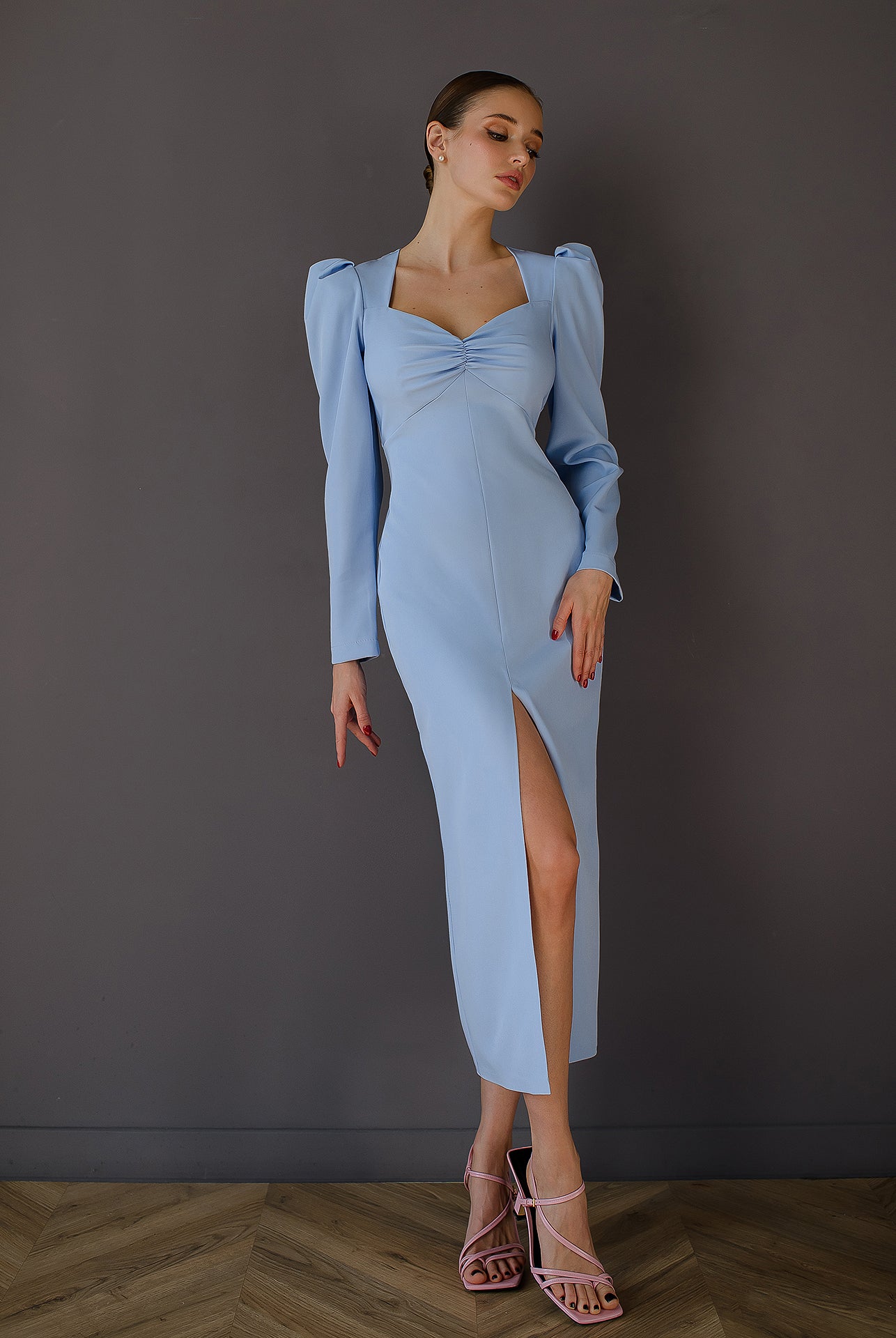 Anne Sky-Blue Puff Sleeve Midi Dress - view 7 | ELAGIA