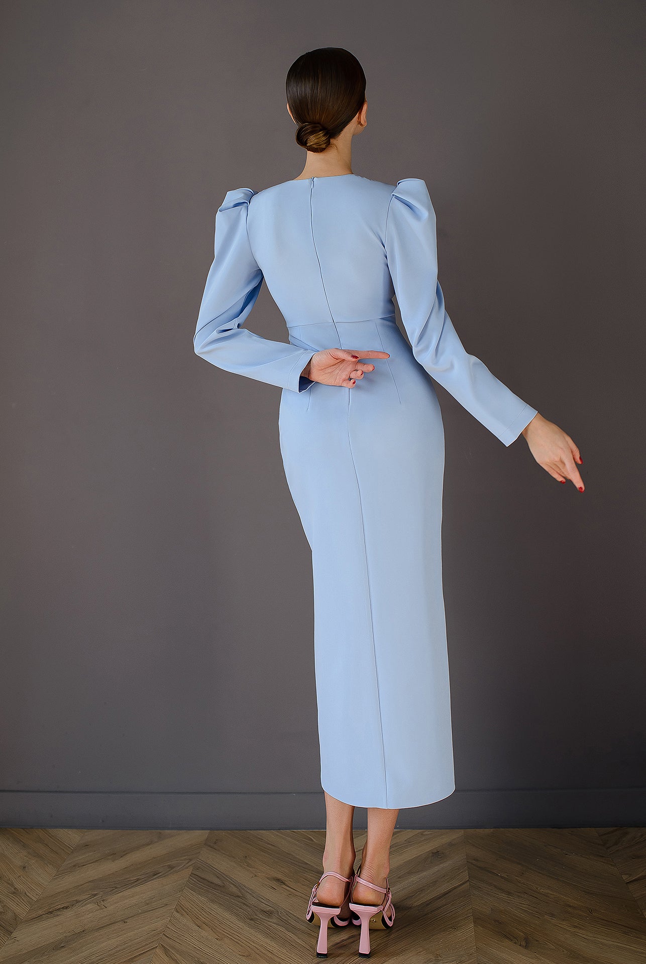 Anne Sky-Blue Puff Sleeve Midi Dress - view 8 | ELAGIA