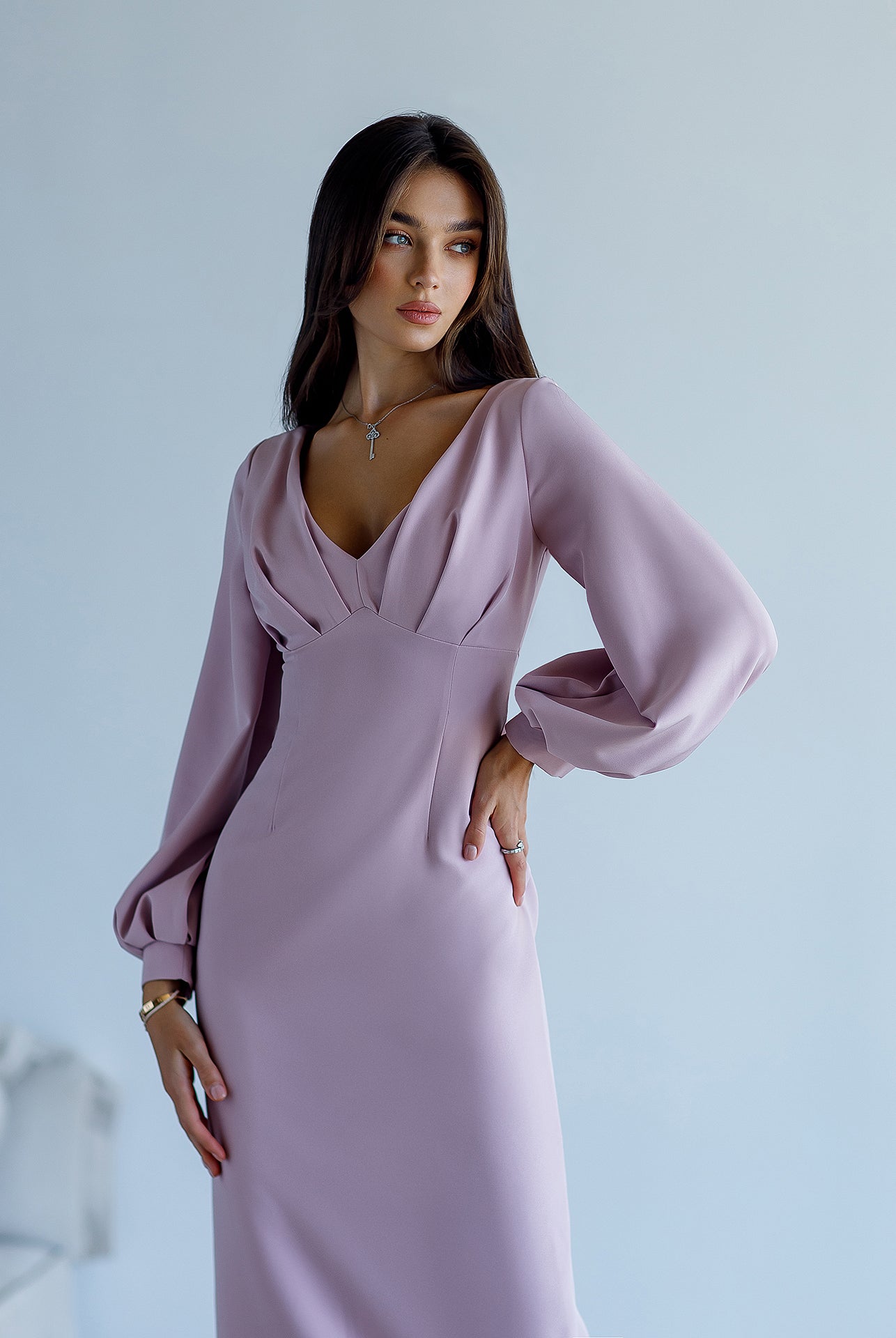 Dusty Pink V-Neck Puff-Sleeve Midi Dress - back view | ELAGIA