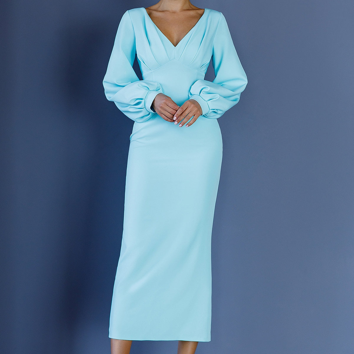 Women's Tiffany-blue Puff Sleeve Dresses Long Sleeve Midi Elagia Women's Tiffany-blue Puff Sleeve Dresses Long Sleeve Midi Elagia