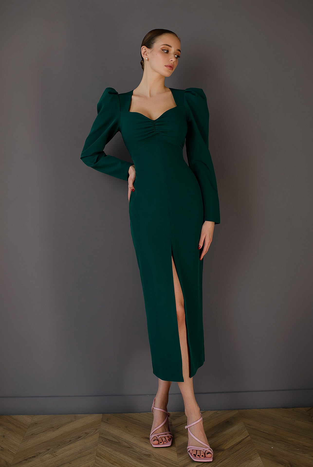 Anne Emerald Puff Sleeve Midi Dress - view 8 | ELAGIA