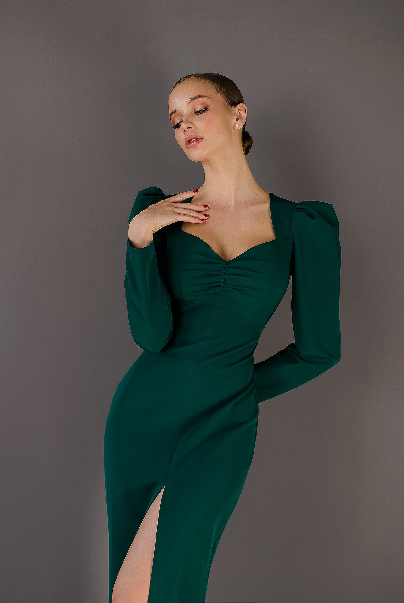 Anne Emerald Puff Sleeve Midi Dress - view 9 | ELAGIA