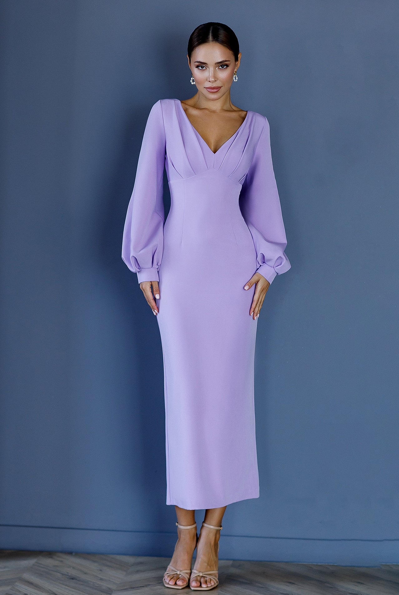 Lavender V-Neck Puff-Sleeve Midi Dress - front view | ELAGIA