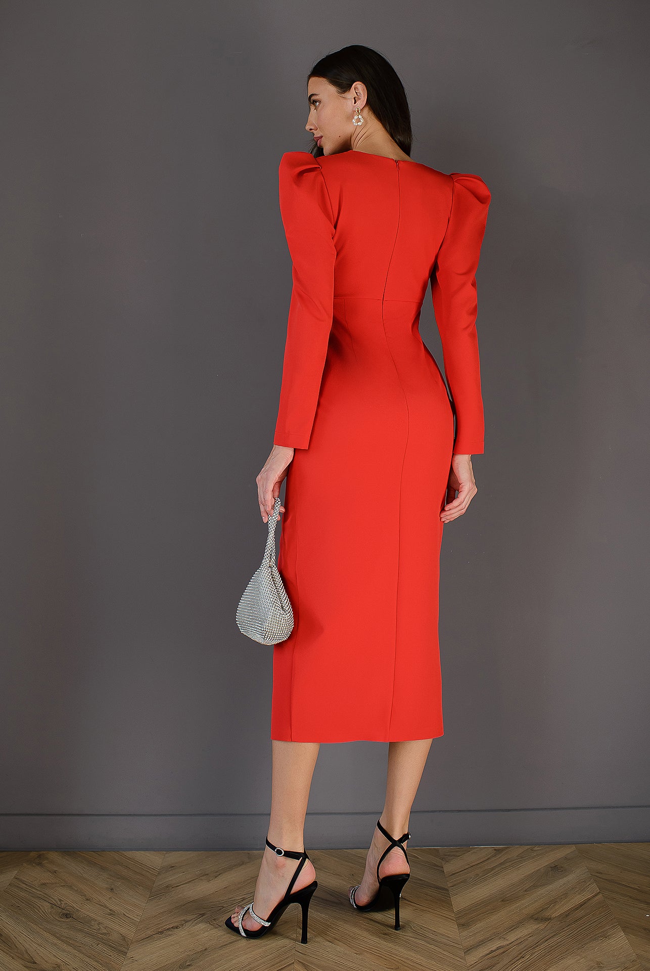Anne Red Puff Sleeve Midi Dress - view 9 | ELAGIA