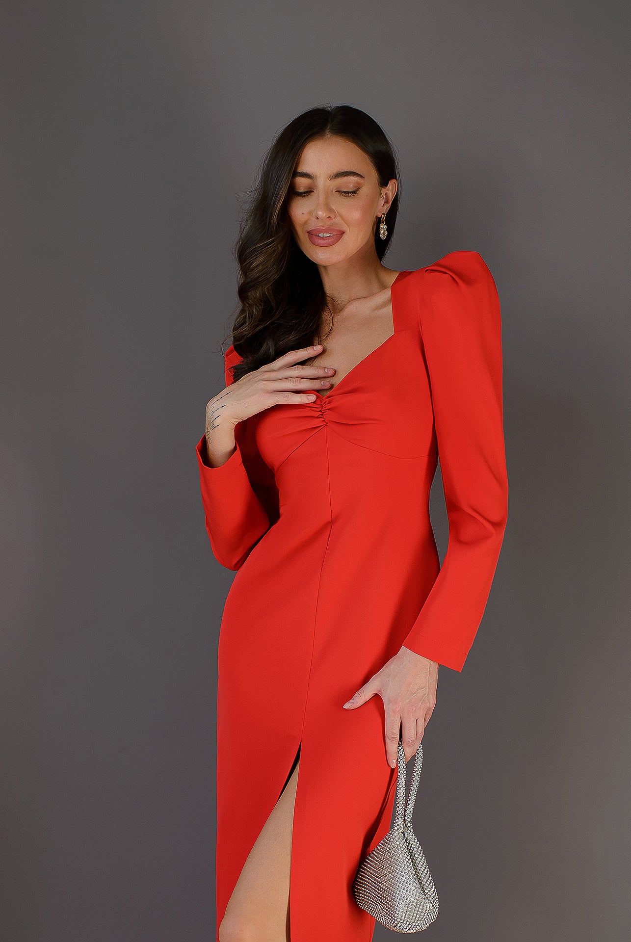 Anne Red Puff Sleeve Midi Dress - view 10 | ELAGIA