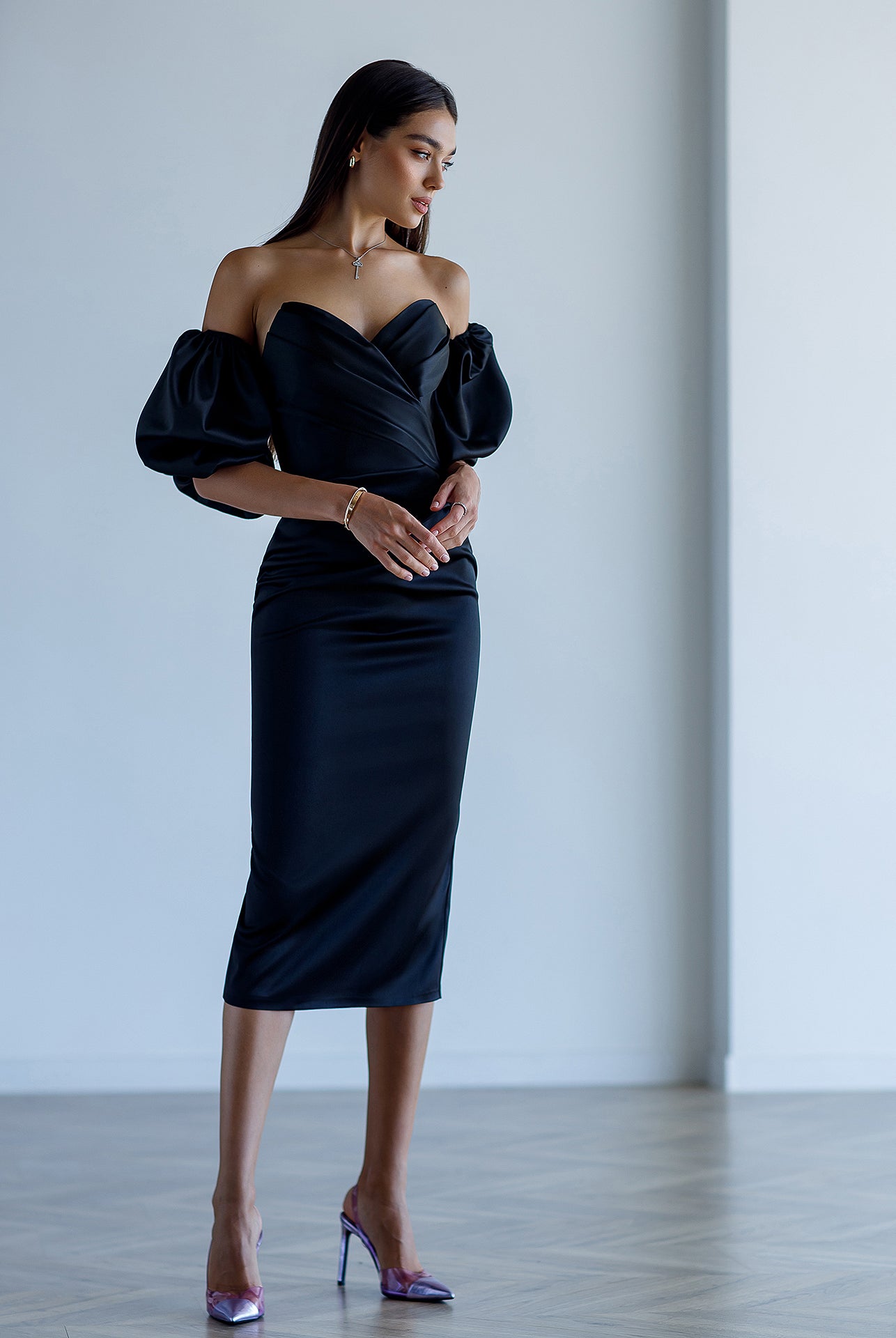 ELAGIA Black Satin Sweetheart Puff-Sleeve Midi Dress - front view 3 piece women's suit purple business suit women
