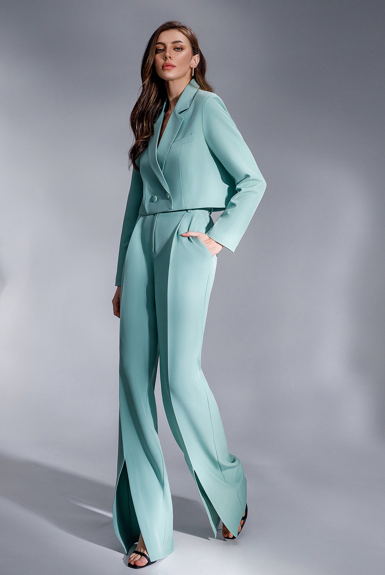 ELAGIA Olive Crop Jacket Suit 2-Piece close-up of fabric texture and olive green color tone