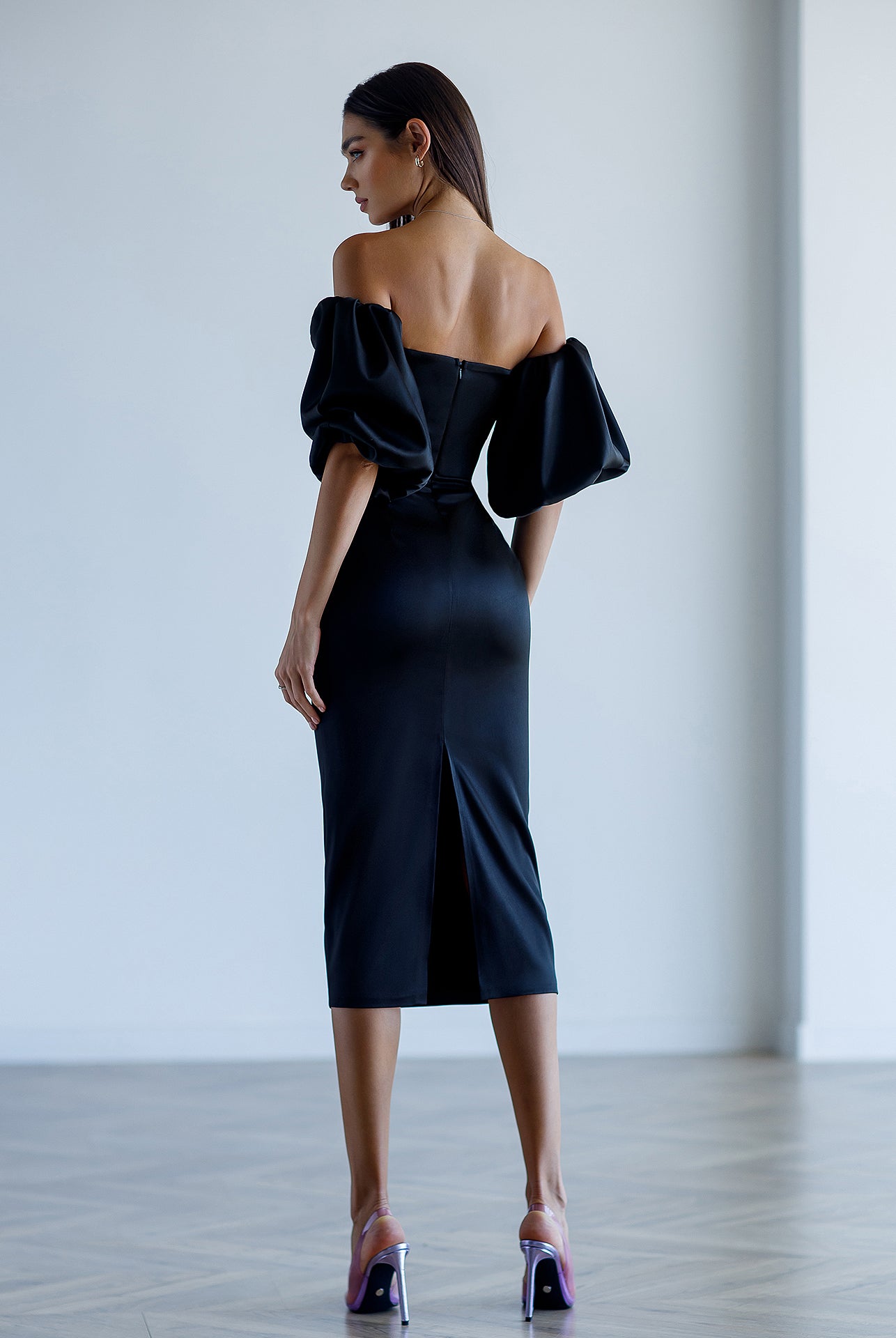 ELAGIA Black Satin Sweetheart Puff-Sleeve Midi Dress - back view 3 piece women's suit purple business suit women