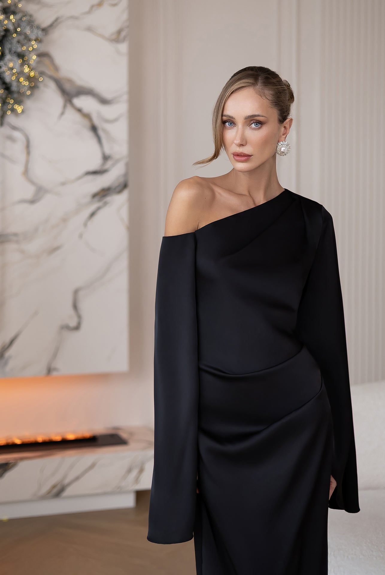Celeste Black Satin Asymmetric One-Shoulder Midi Dress - back view | ELAGIA