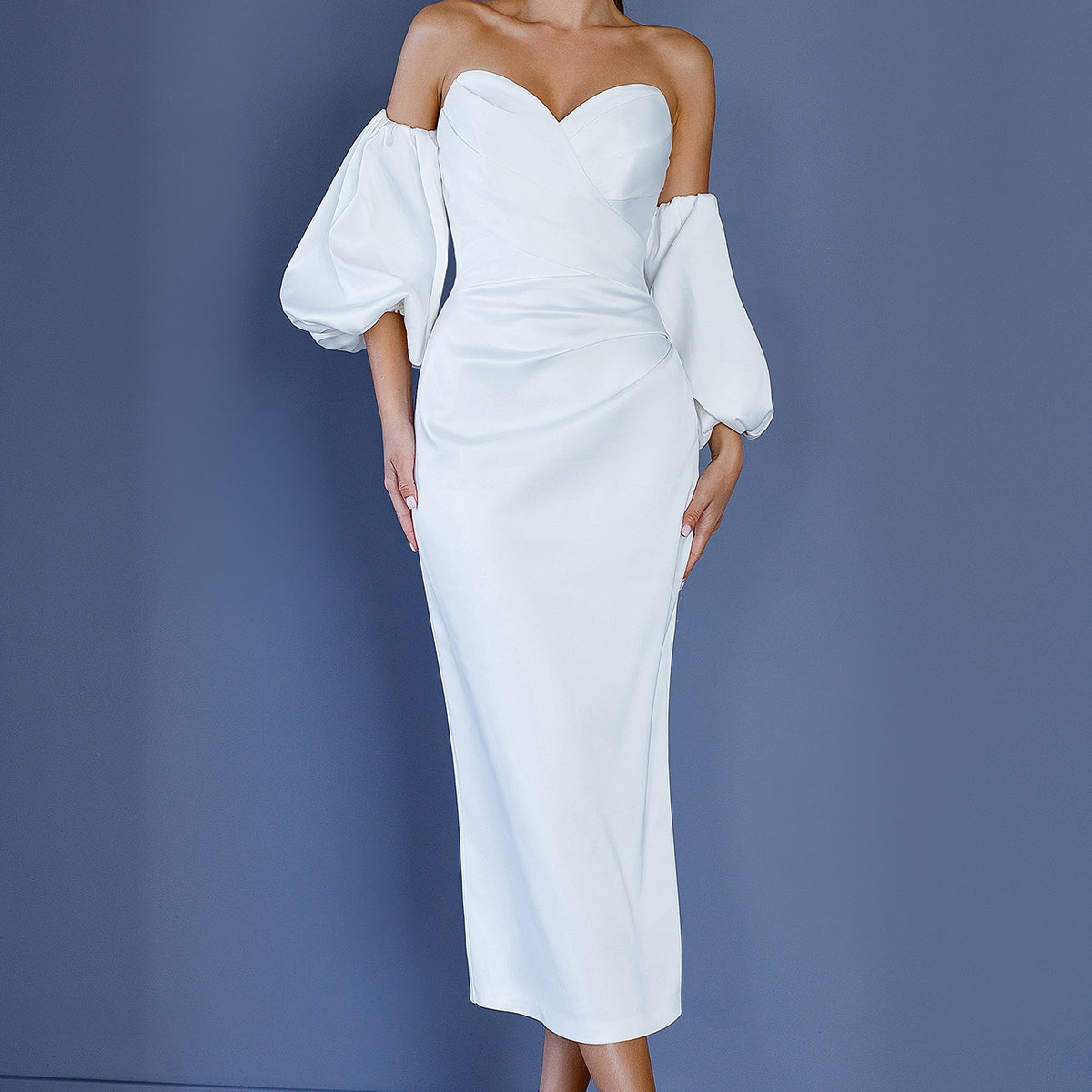 slim fit dress slacks White Satin Puff-Sleeve Midi Dress