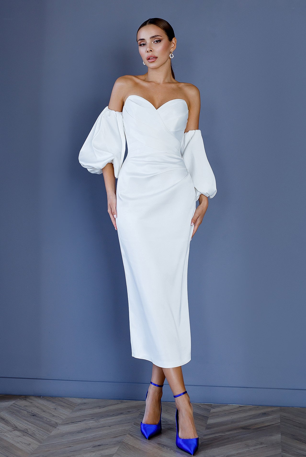 ELAGIA White Satin Sweetheart Puff-Sleeve Midi Dress - back view showing 3 piece women's suit styling elements