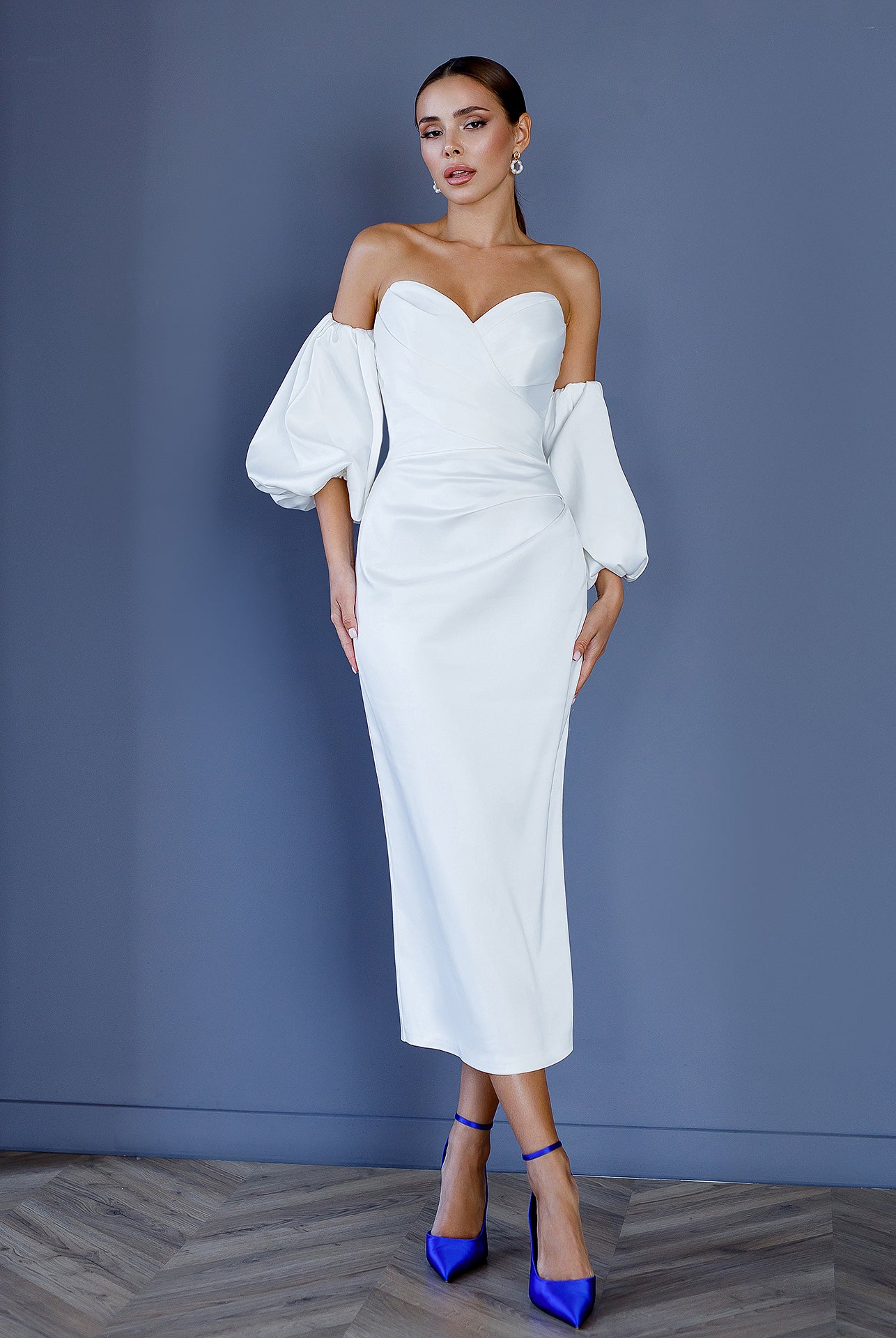 ELAGIA white satin sweetheart puff-sleeve midi dress front view - 3 piece women's suit purple business suit women