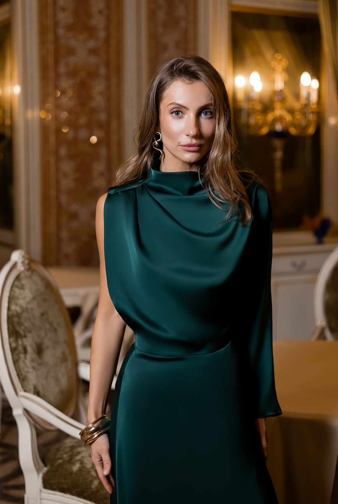 Emerald Satin Draped Neck One-Shoulder Maxi Dress - back view | ELAGIA