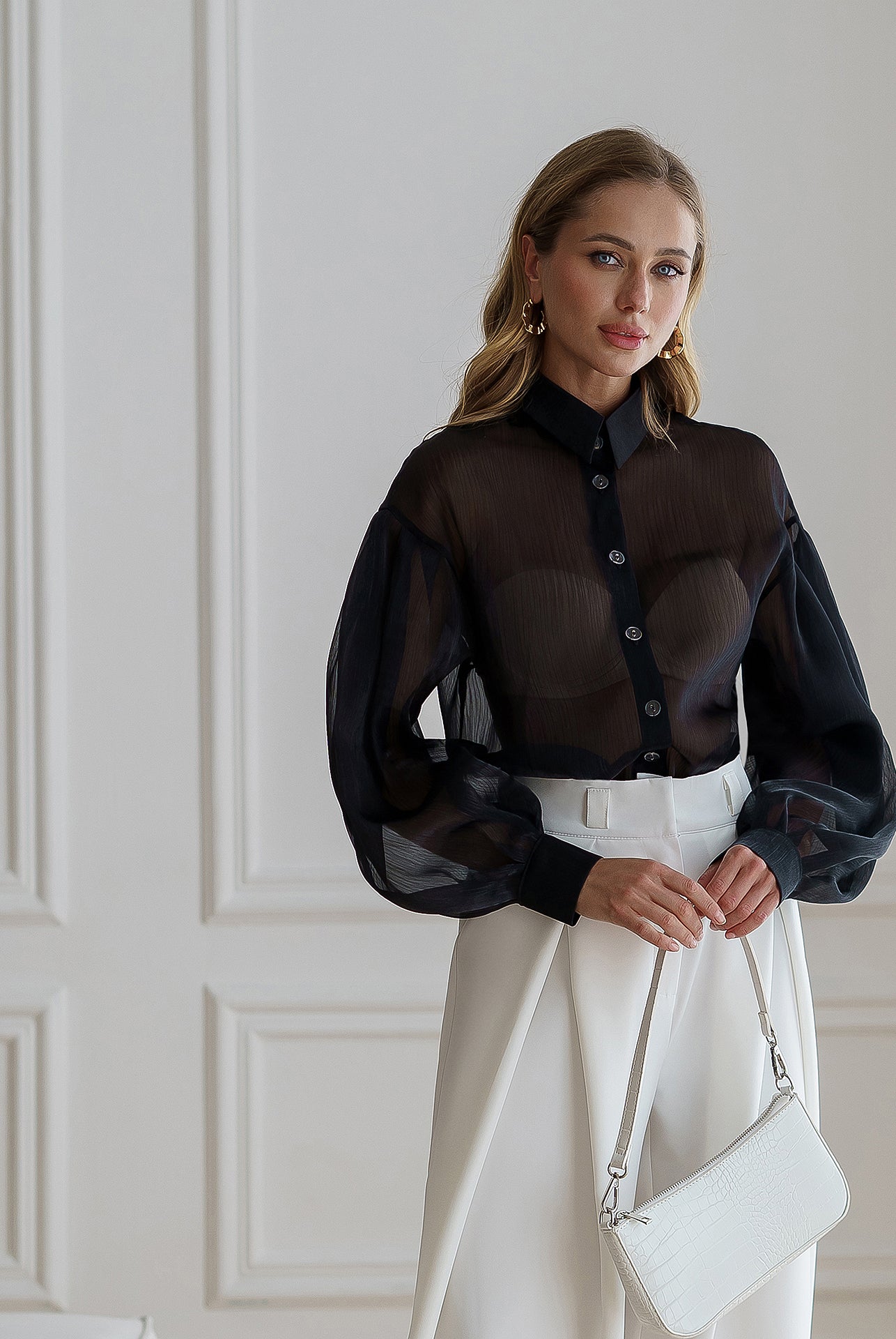 Black Sheer Long-Sleeve Shirt - close-up detail | ELAGIA