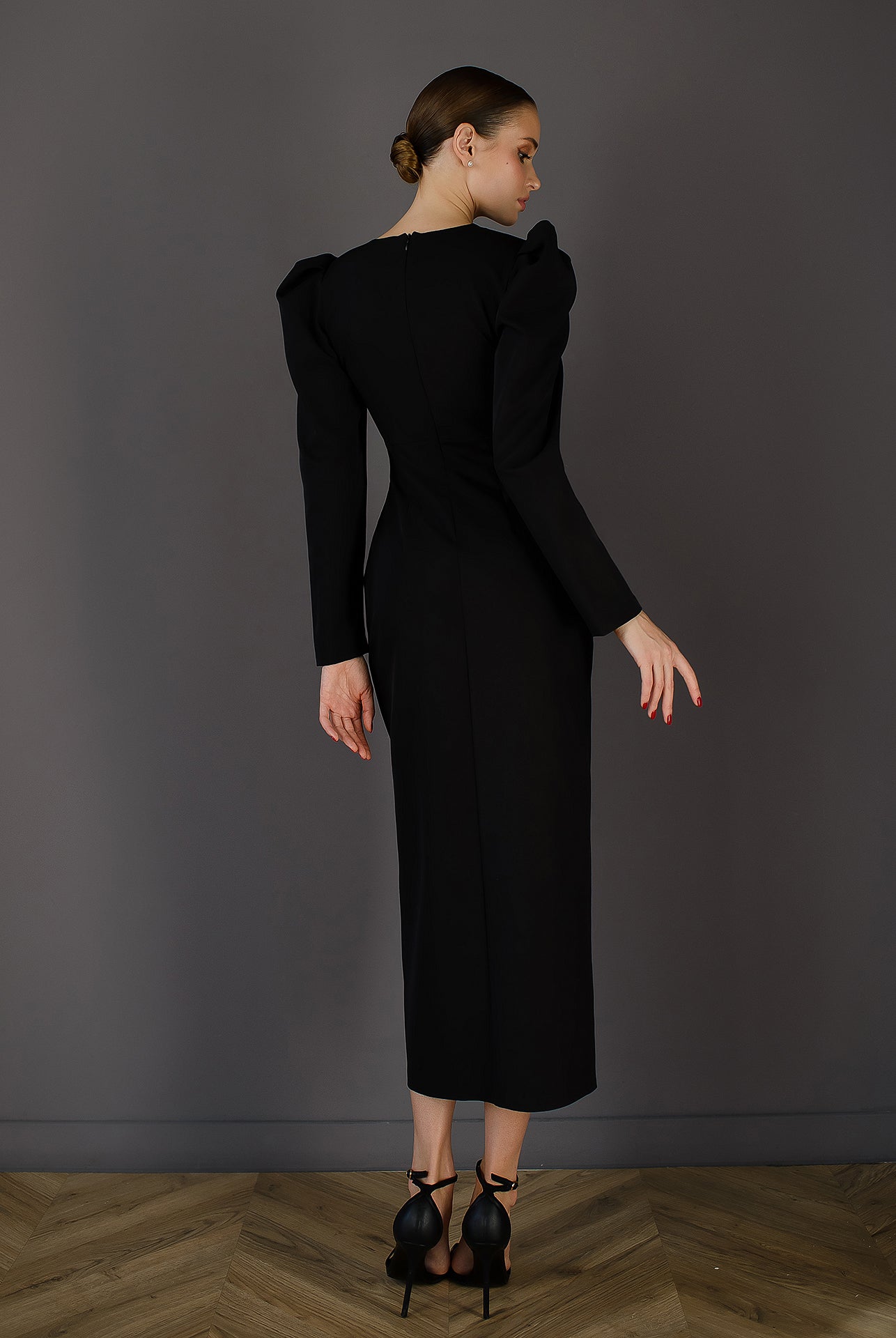 Anne Black Puff Sleeve Midi Dress - view 9 | ELAGIA