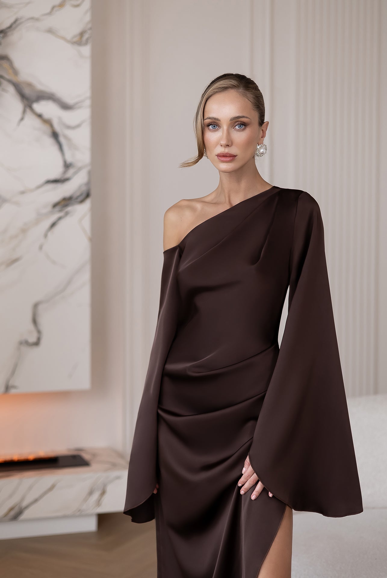 Celeste Brown Satin Asymmetric One-Shoulder Midi Dress - back view | ELAGIA