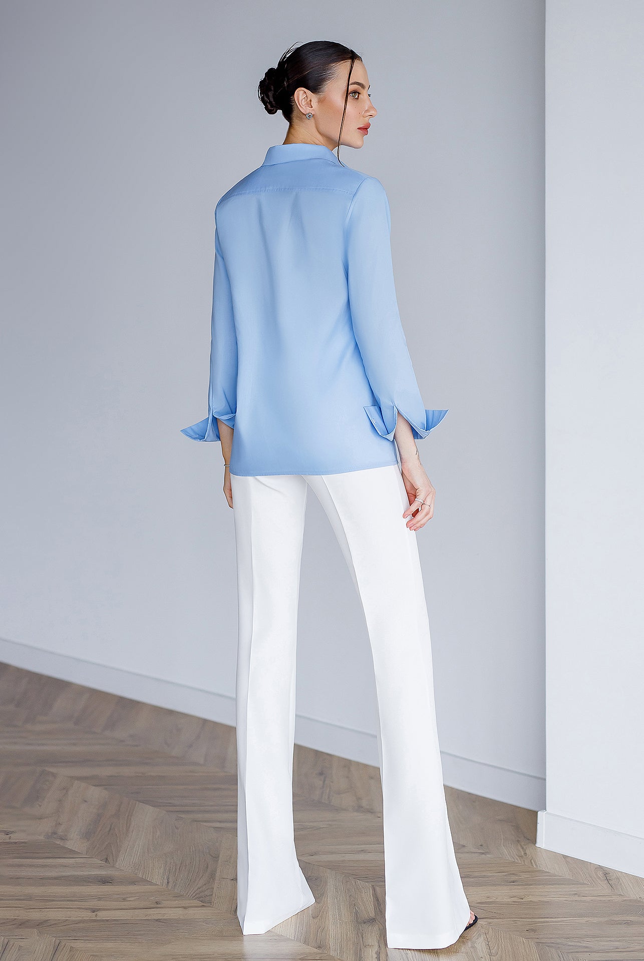 ELAGIA basic shirts back view showing fit and drape - purple business suit women style foundation top