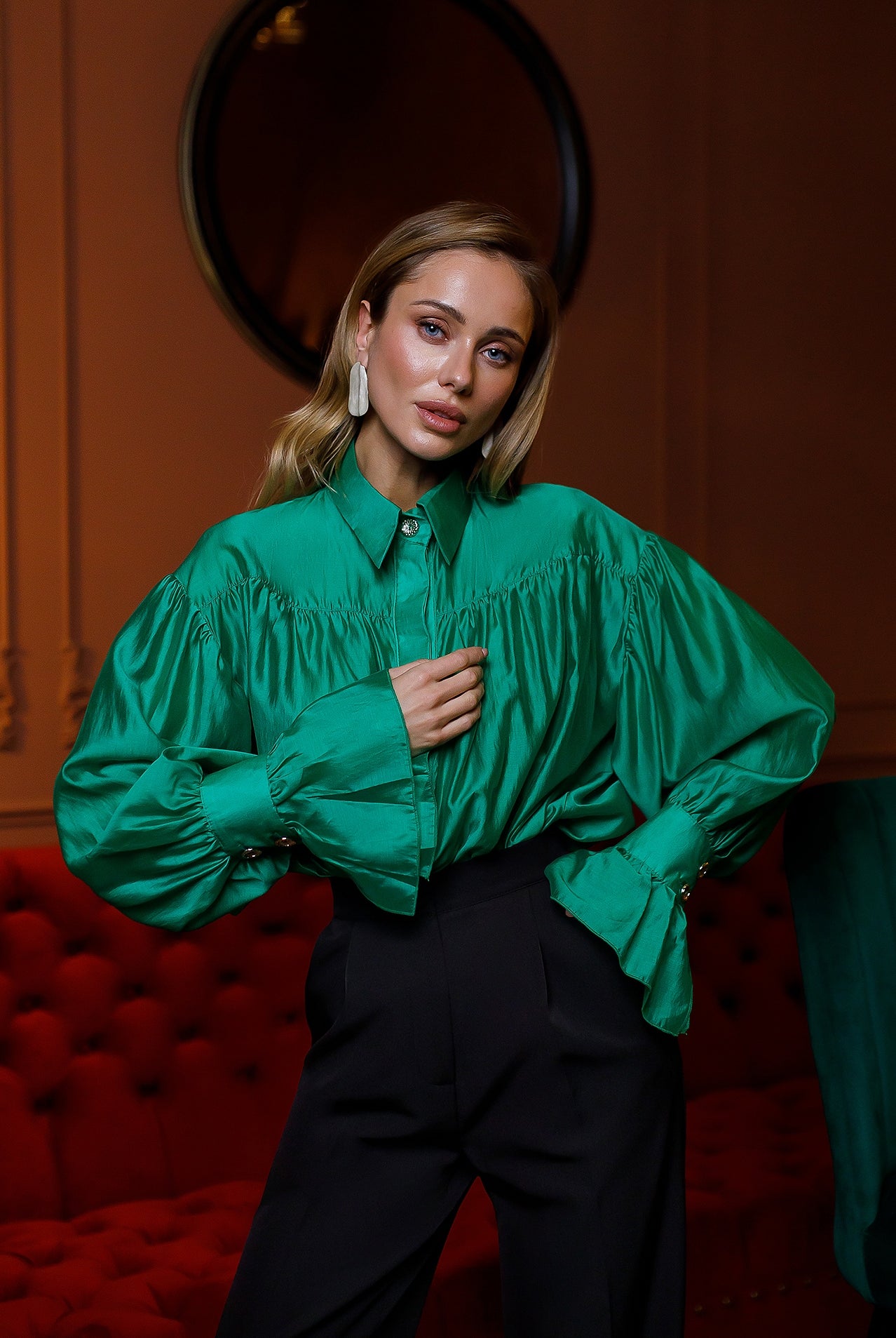 Julie Green Puff-Sleeve Blouse - front view | ELAGIA