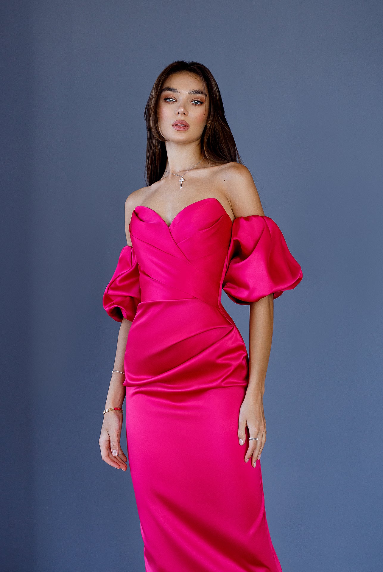 ELAGIA crimson satin sweetheart puff-sleeve midi dress neckline view - 3 piece women's suit purple business suit women