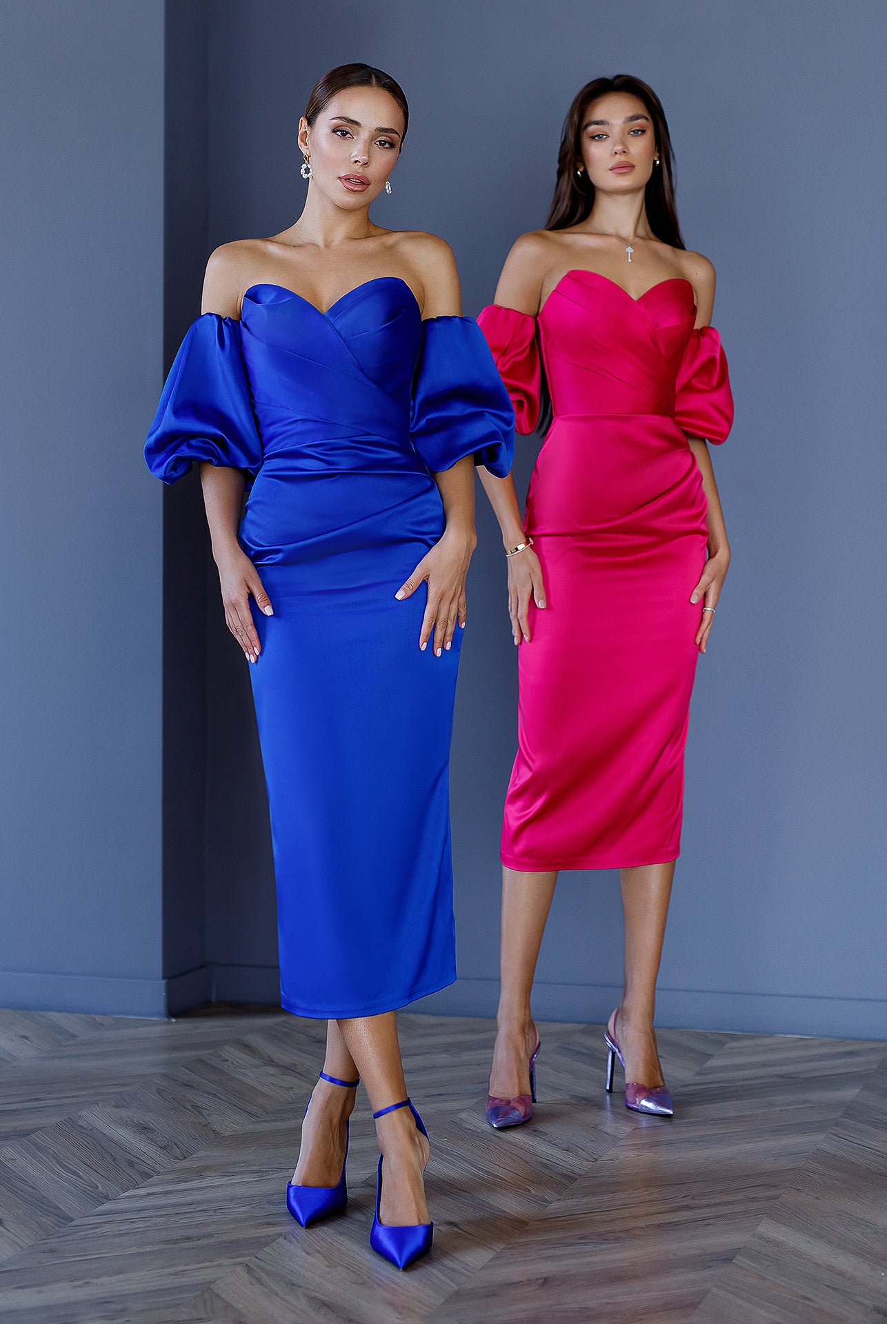 ELAGIA Crimson Satin Sweetheart Puff-Sleeve Midi Dress front view - 3 piece women's suit purple business suit women
