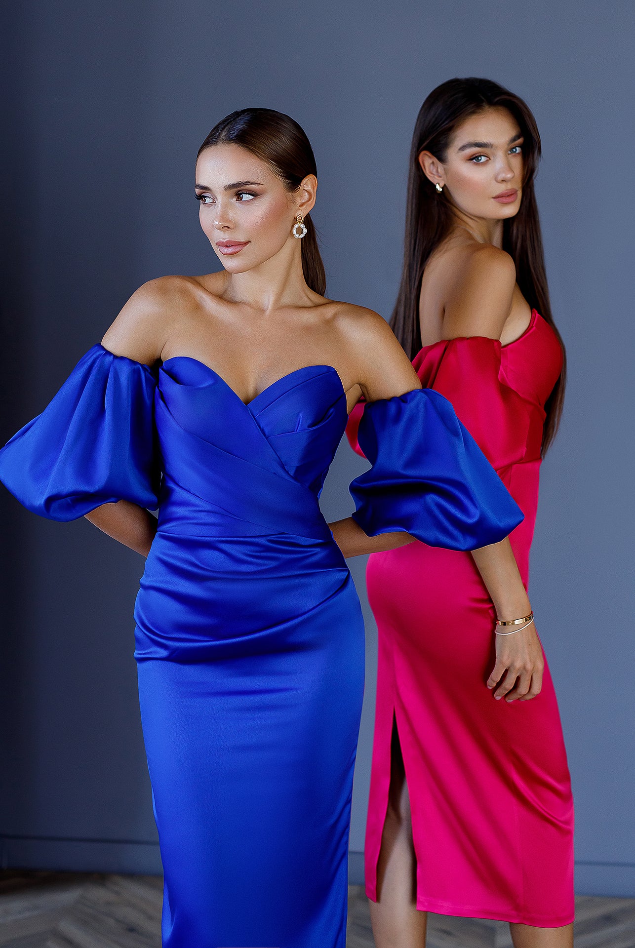 ELAGIA Crimson Satin Sweetheart Puff-Sleeve Midi Dress front view - purple business suit women 3 piece women's suit